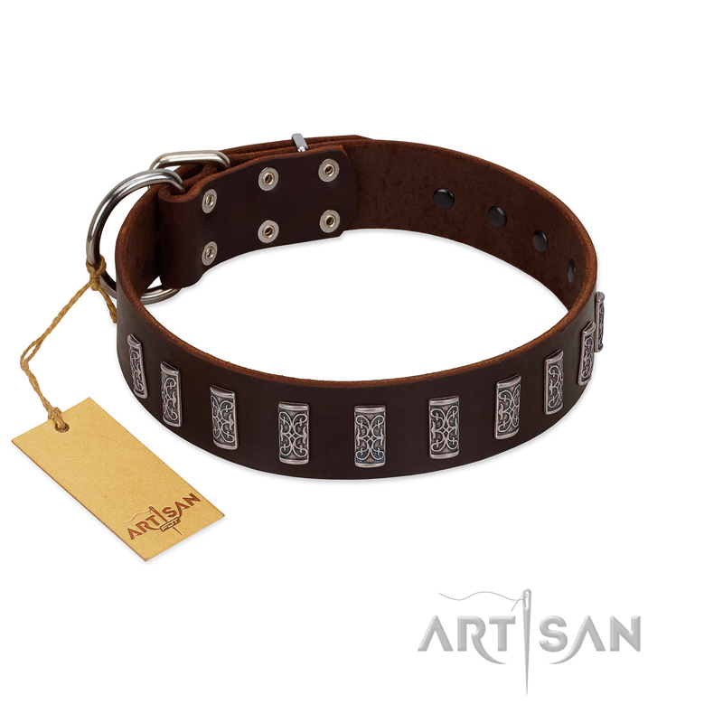 "Brown Lace" Handmade FDT Artisan Brown Leather Golden Retriever Collar for Everyday Walks