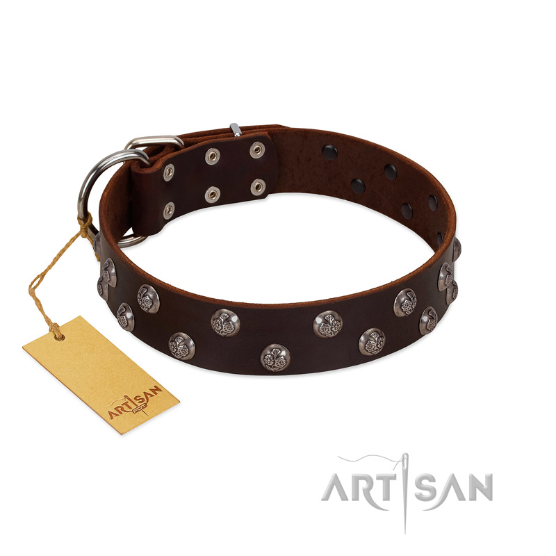 "Blossom Jewel" FDT Artisan Brown Leather Golden Retriever Collar with Two Rows of Silver-like Studs with Engraved Flowers