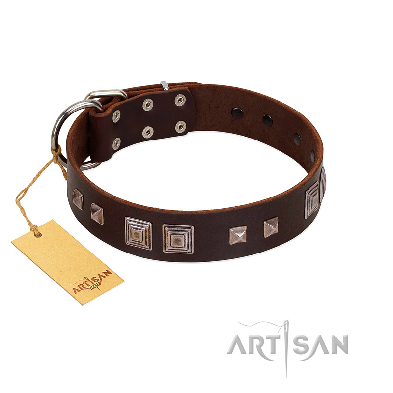 "Object of Virtu" FDT Artisan Brown Leather Golden Retriever Collar with Old Silver-like Square Studs and Pyramids