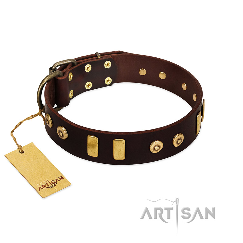 "Lord of Dogs" FDT Artisan Brown Leather Golden Retriever Collar with Old Bronze-like Dotted Studs and Tiles