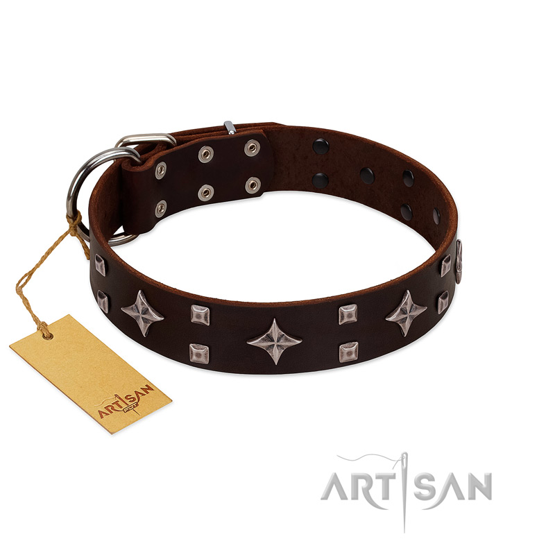 "Trendy Candy" FDT Artisan Brown Leather Golden Retriever Collar Adorned with Stars and Tiny Squares - Click Image to Close