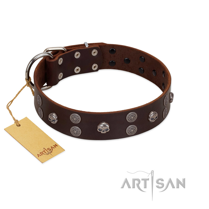 "Skull Valley" Handcrafted FDT Artisan Brown Leather Golden Retriever Collar with Skulls