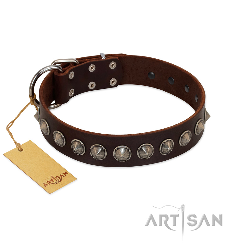 "Gothic Style" FDT Artisan Fancy Brown Leather Golden Retriever Collar with Silver-Like Decorations