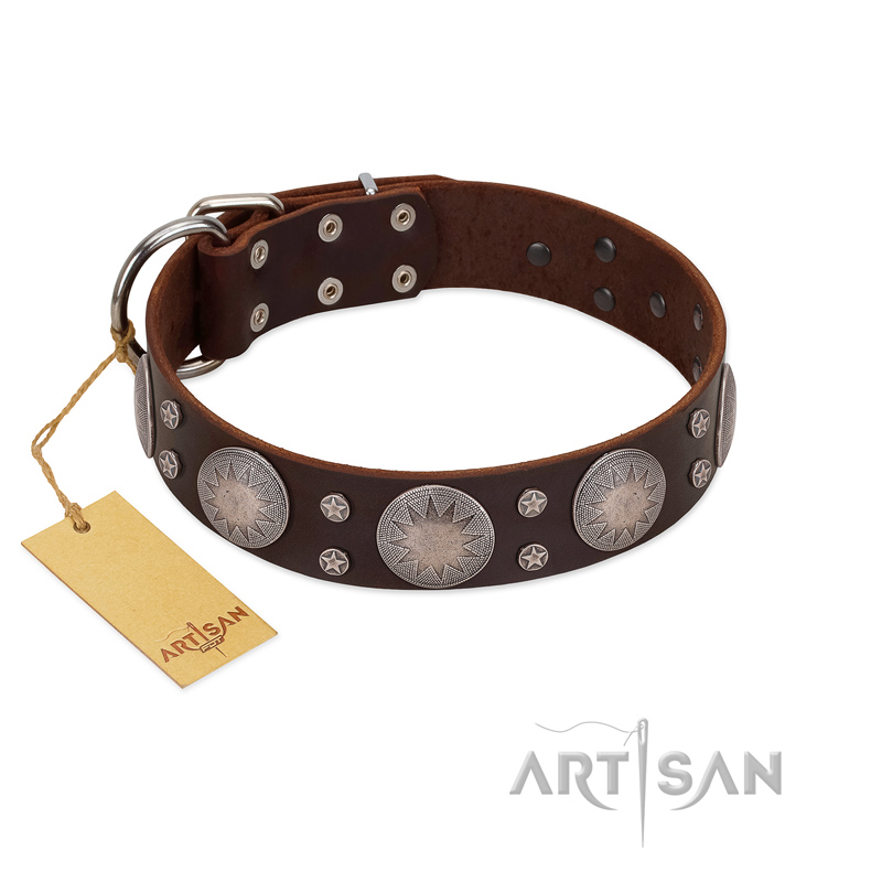 "Imperial Legate" FDT Artisan Brown Leather Golden Retriever Collar with Big Round Plates