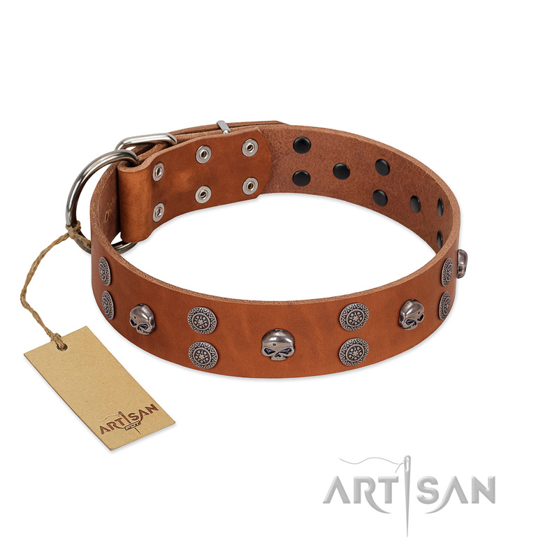 "Road Rider" FDT Artisan Tan Leather Golden Retriever Collar with Old Silver-like Skulls and Medallions