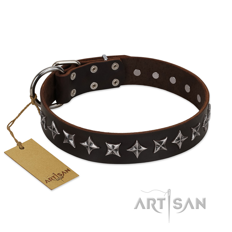 "Stars of Glory" FDT Artisan Brown Leather Golden Retriever Collar for Comfortable Walking - Click Image to Close