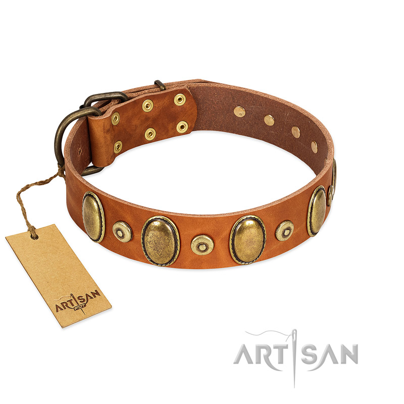 "Crystal Sand" FDT Artisan Tan Leather Golden Retriever Collar with Vintage Looking Oval and Round Studs