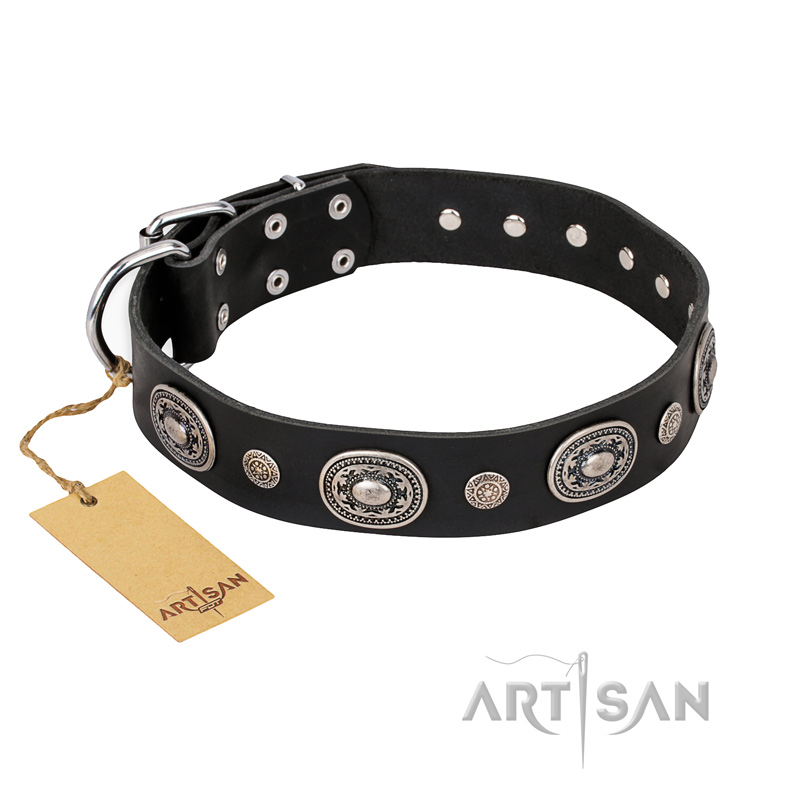 "Black Tie" FDT Artisan Leather Golden Retriever Collar with Old Silver-like Decorations