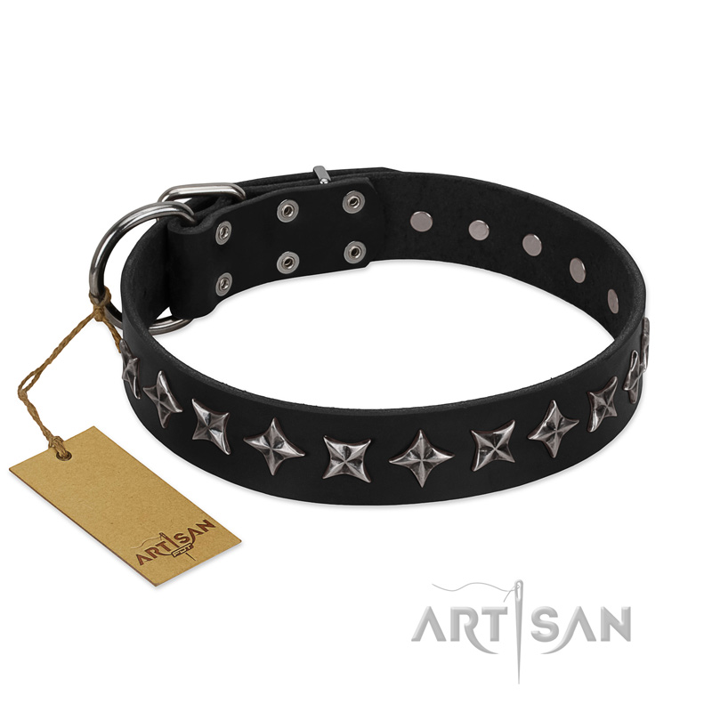 "Lights-out" FDT Artisan Black Leather Golden Retriever Collar with Silver-like Set of Stars