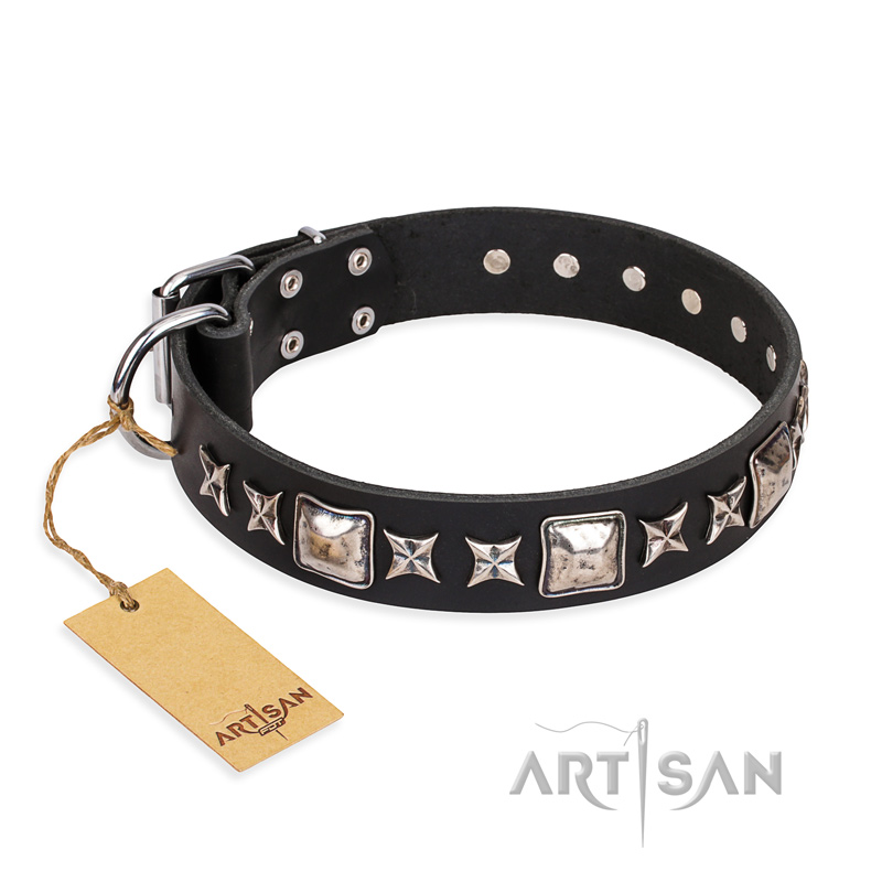 "Space Walk" FDT Artisan Black Leather Golden Retriever Collar with Adornments - Click Image to Close