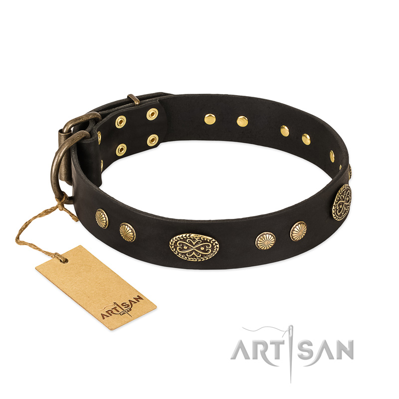 "Perfect Tracery" FDT Artisan Black Leather Golden Retriever Collar with Old Bronze Look Plates and Circles