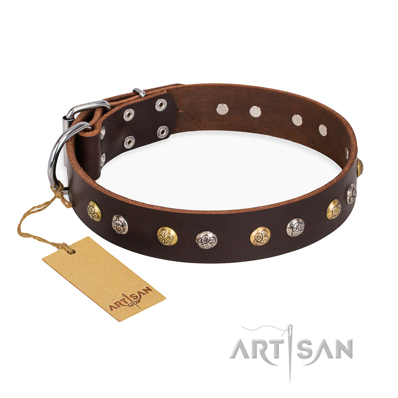 "Golden"n"Silver Luxury" FDT Artisan Leather Golden Retriever Collar with Engraved Studs