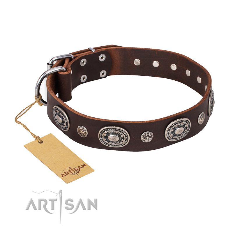 "Extra Pizzazz" FDT Artisan Adorned Brown Leather Golden Retriever Collar
