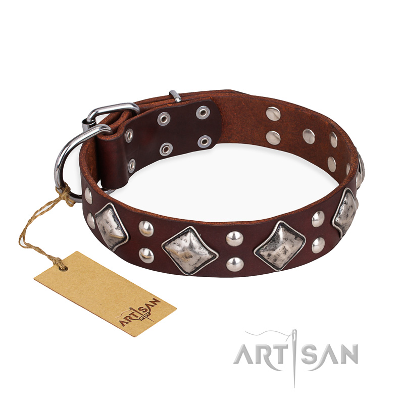 "King of Grace" FDT Artisan Stylish Leather Golden Retriever Collar with Old Silver-Like Plated Decorations