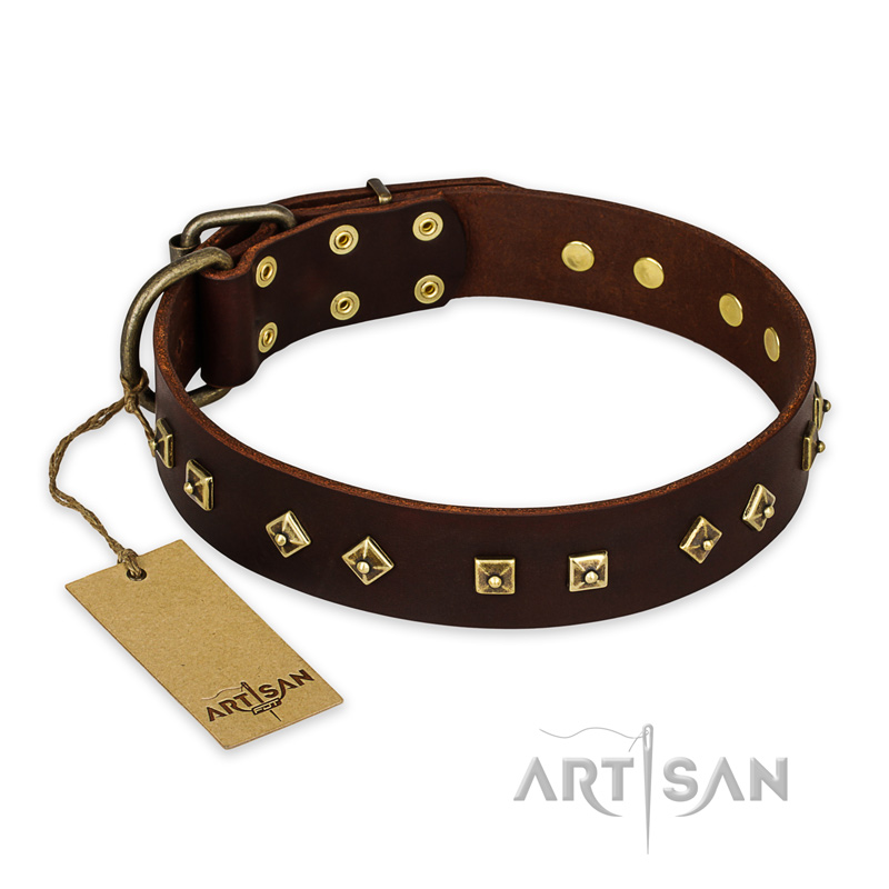 "Fashion Studs" FDT Artisan Decorated Leather Golden Retriever Collar with Old Bronze-Plated Steel Hardware