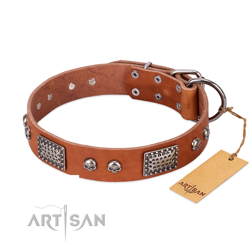 "Sparkling Skull" FDT Artisan Tan Leather Golden Retriever Collar with Old Silver Look Plates and Skulls