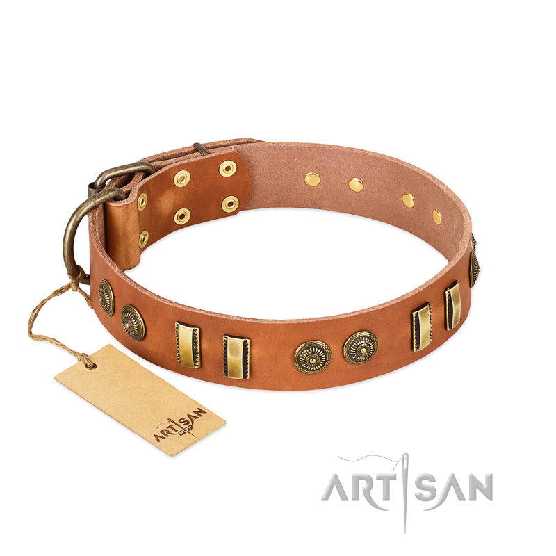 "Natural Beauty" FDT Artisan Tan Leather Golden Retriever Collar with Old Bronze-like Circles and Plates