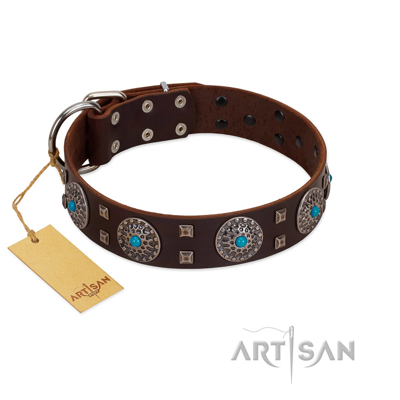"Hypnotic Stones" FDT Artisan Brown Leather Golden Retriever Collar with Chrome Plated Brooches and Square Studs