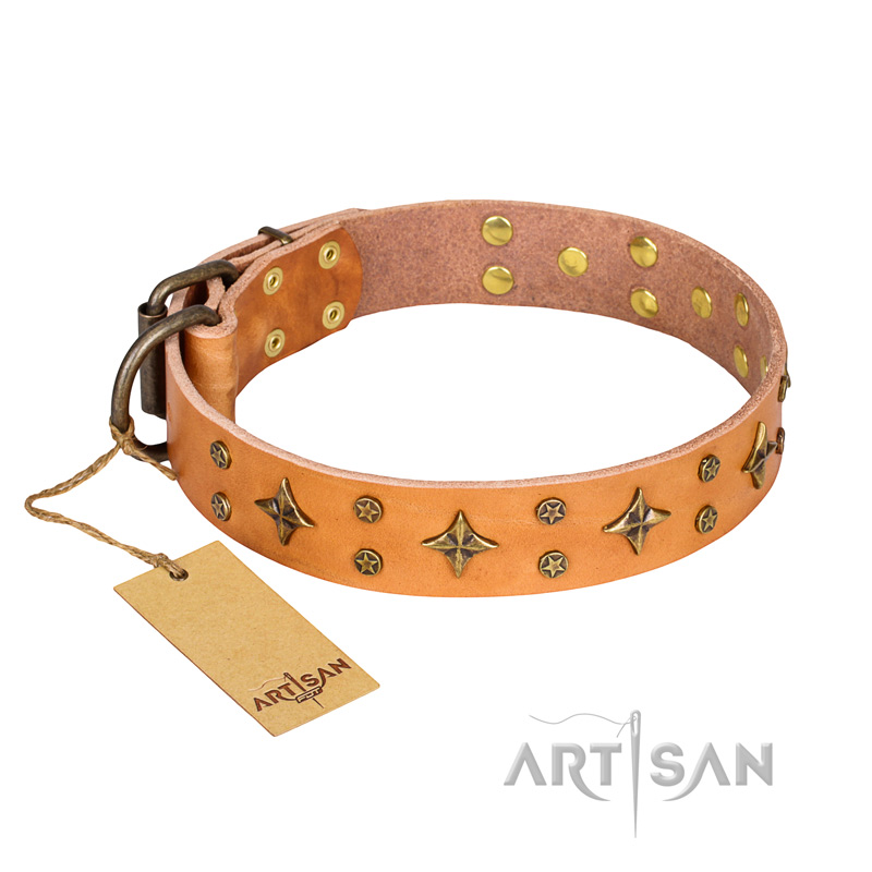 "Top-Flight" FDT Artisan Adorned Tan Leather Golden Retriever Collar
