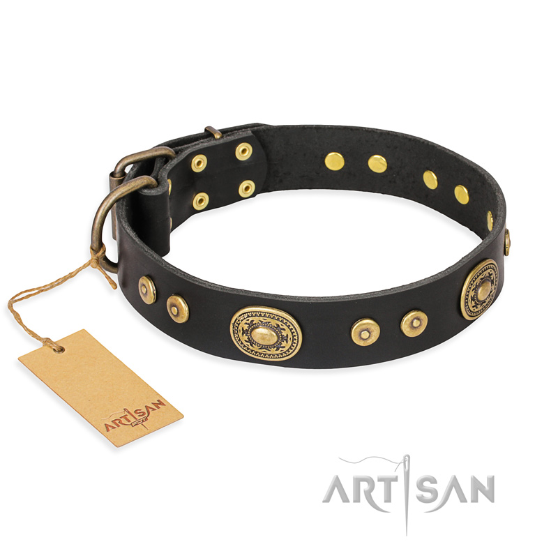 "Golden Radiance" FDT Artisan Black Leather Golden Retriever Collar with Old Bronze Look Ovals and Circles