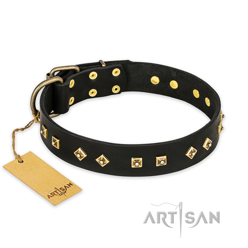 "Rhomb Style" FDT Artisan Decorated Leather Golden Retriever Collar with Old Bronze-Plated Studs 1 1/2 inch (40 mm) Wide