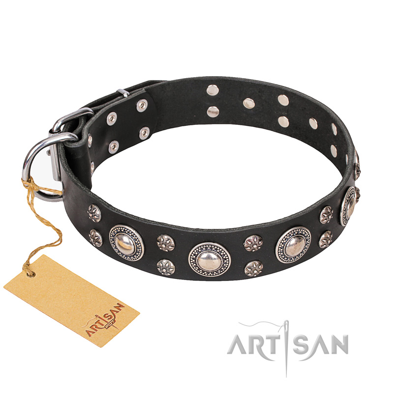 "Vintage Necklace" FDT Artisan Studded Black Leather Golden Retriever Collar