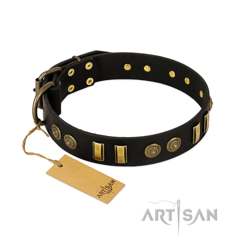 "Simple Elegance" FDT Artisan Black Leather Golden Retriever Collar with Old Bronze-like Plates and Circles