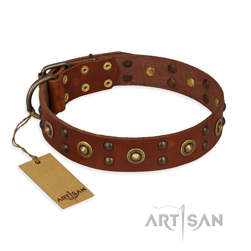 "Unfailing Charm" FDT Artisan Studded Tan Leather Golden Retriever Collar