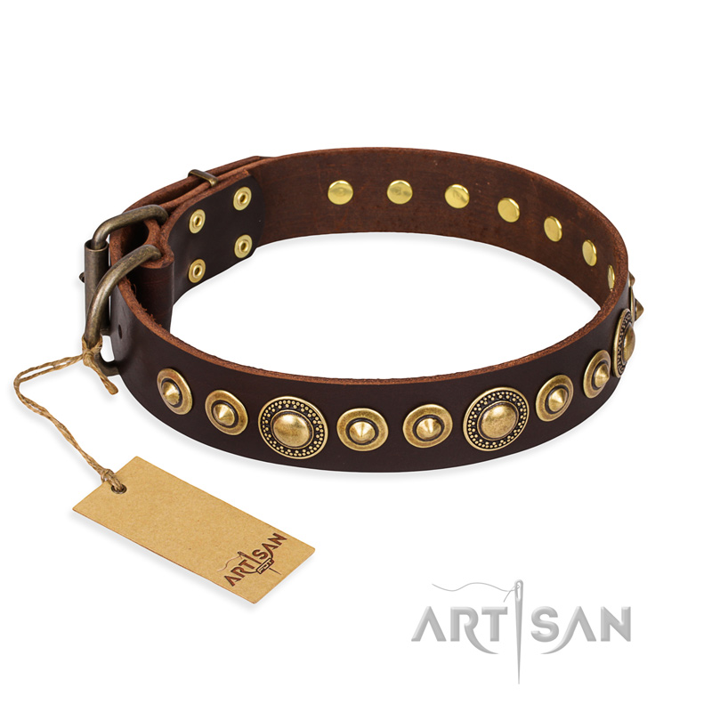 "Ancient Warrior" FDT Artisan Fancy Leather Golden Retriever Collar with Old-Bronze Plated Decorations