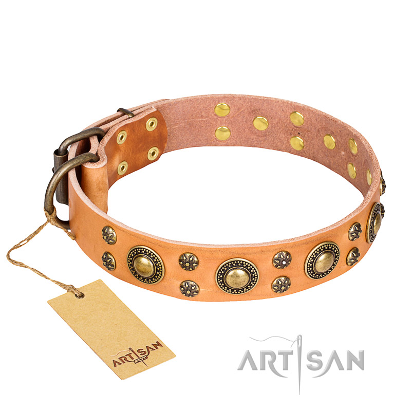 "Sophisticated Glamor" FDT Artisan Leather Golden Retriever Collar with Fancy Old Bronze-like Plated Decorations - Click Image to Close