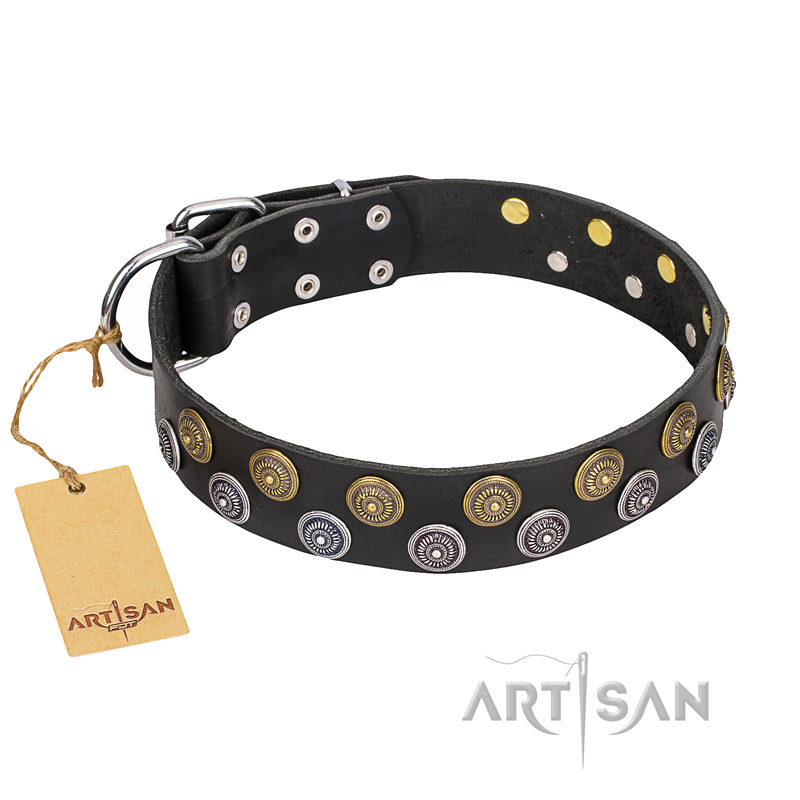 "Romantic Breeze" FDT Artisan Black Leather Golden Retriever Collar with Sparkling Circles