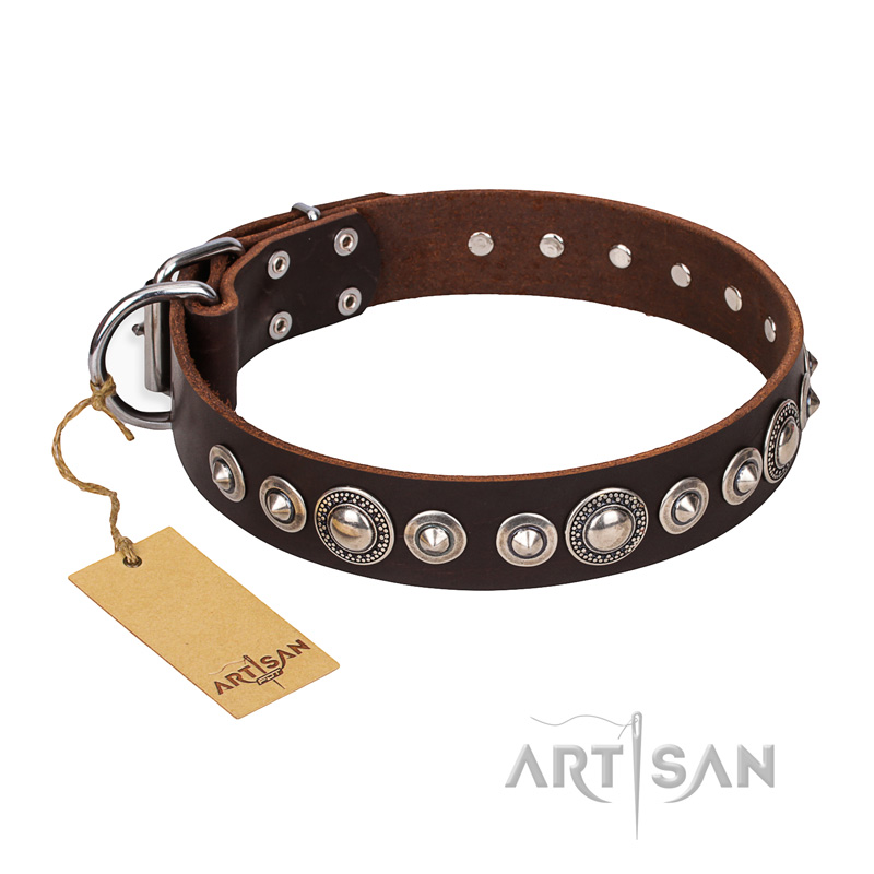 "Step and Sparkle" FDT Artisan Glamorous Studded Brown Leather Golden Retriever Collar