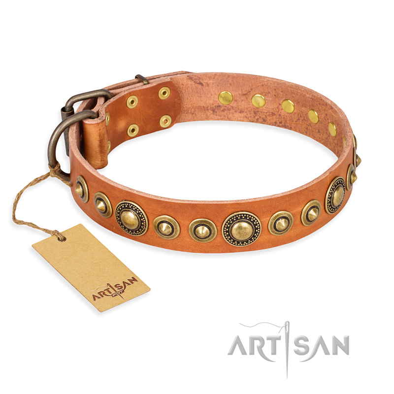 "Feast of Luxury" FDT Artisan Tan Leather Golden Retriever Collar with Old Bronze Look Circles