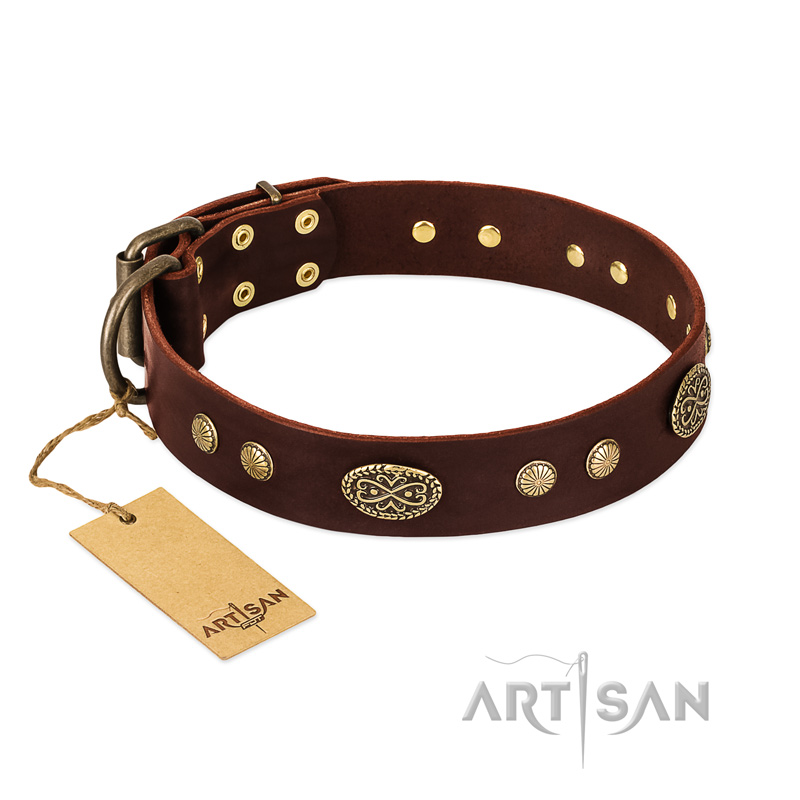 "Old-fashioned Glamor" FDT Artisan Brown Leather Golden Retriever Collar with Old Bronze Look Plates and Circles