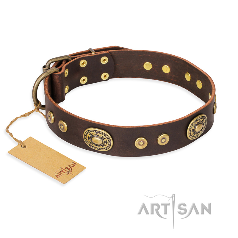 "One-of-a-Kind" FDT Artisan Handmade Decorated Brown Leather Golden Retriever Collar