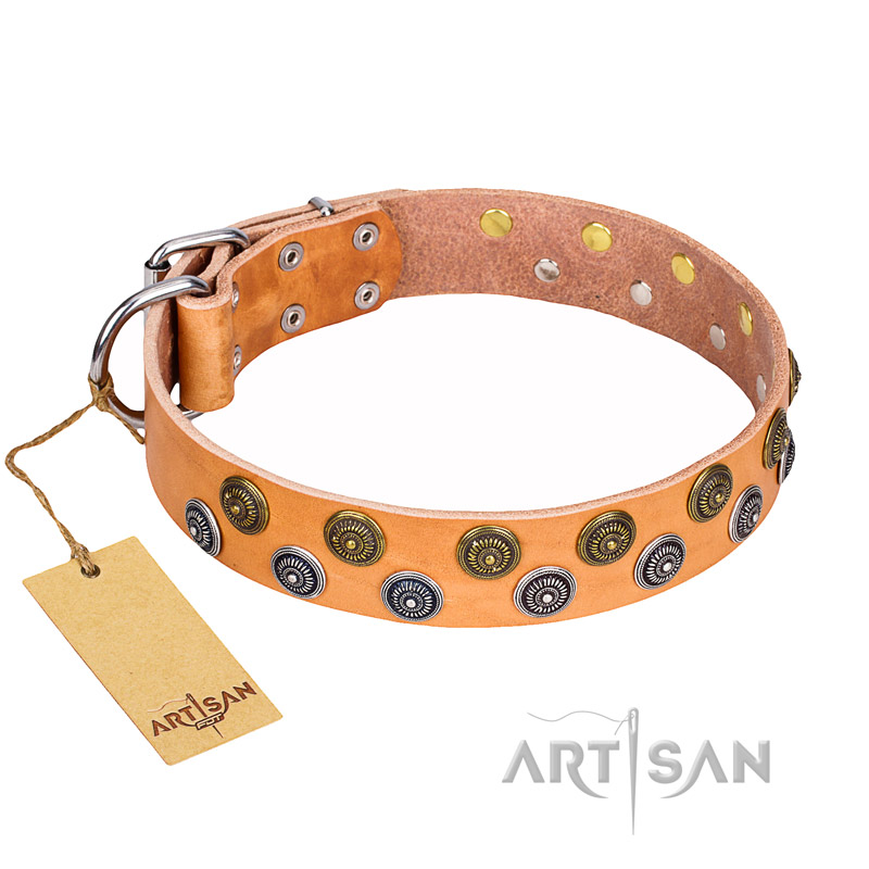 "Precious Sparkle" FDT Artisan Handcrafted Tan Leather Golden Retriever Collar