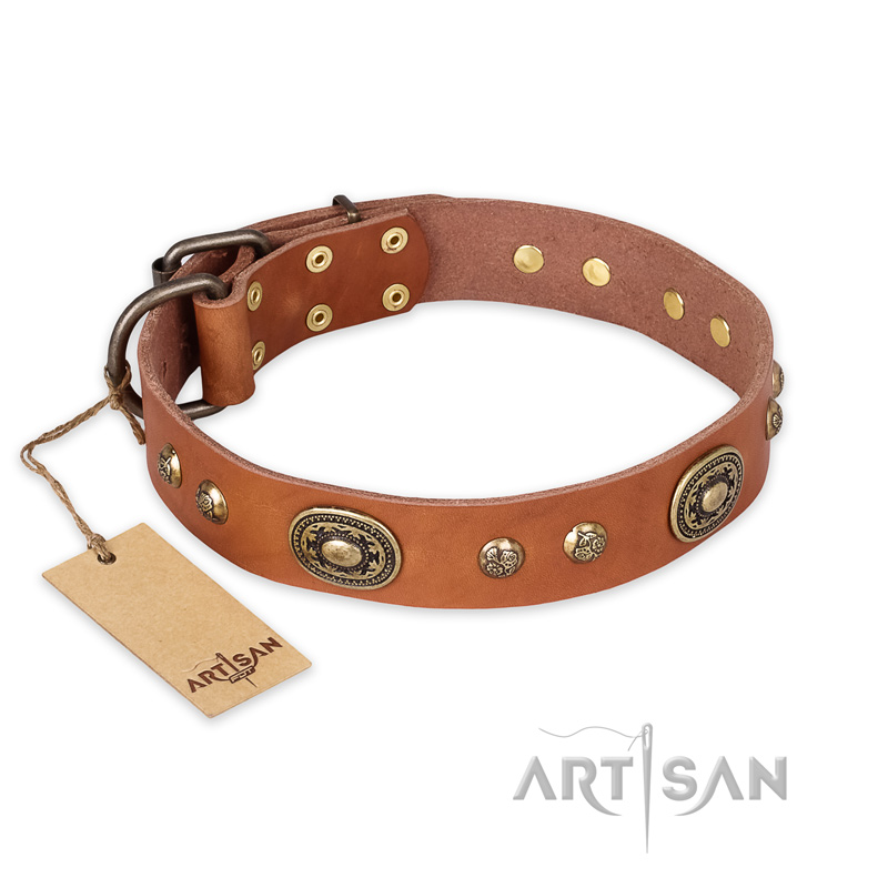 "Stunning Dress" FDT Artisan Tan Leather Golden Retriever Collar with Old Bronze Look Plates and Studs