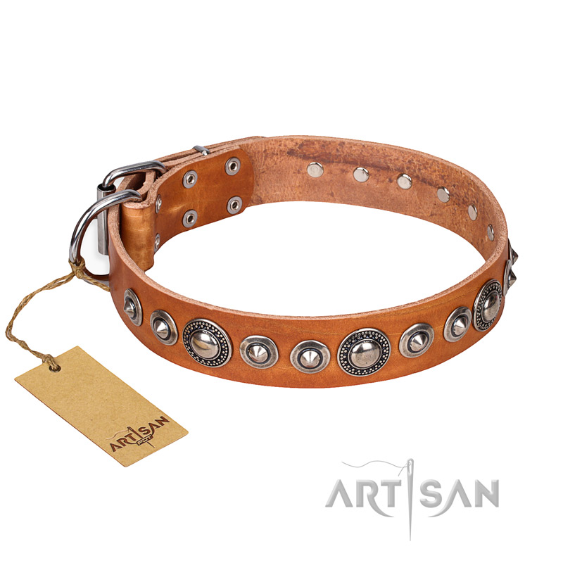 "Daily Chic" FDT Artisan Tan Leather Golden Retriever Collar with Decorations