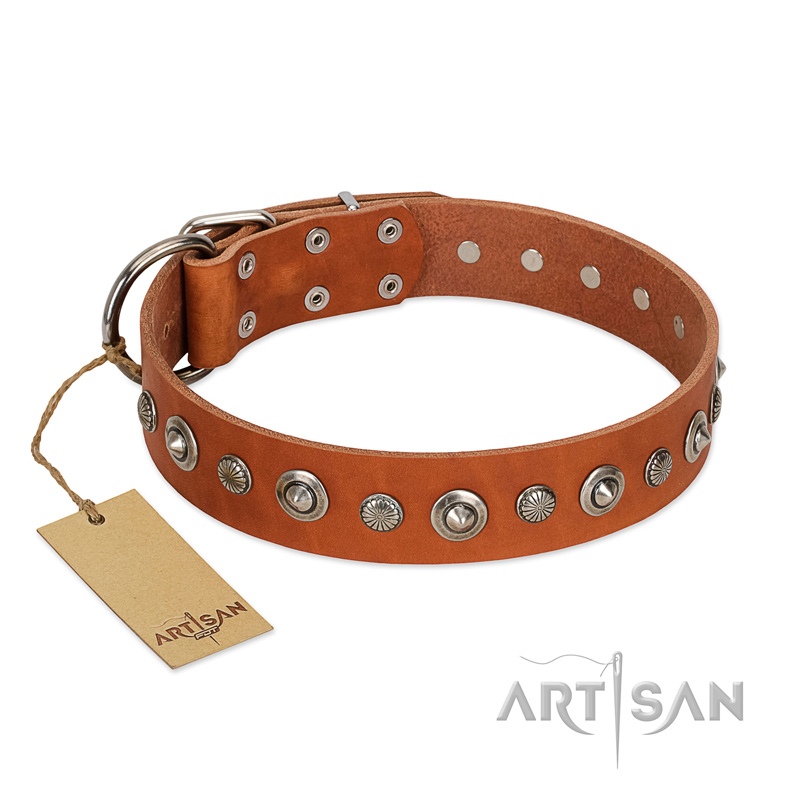 "Gorgeous Roundie" FDT Artisan Tan Leather Golden Retriever Collar with Chrome-plated Circles
