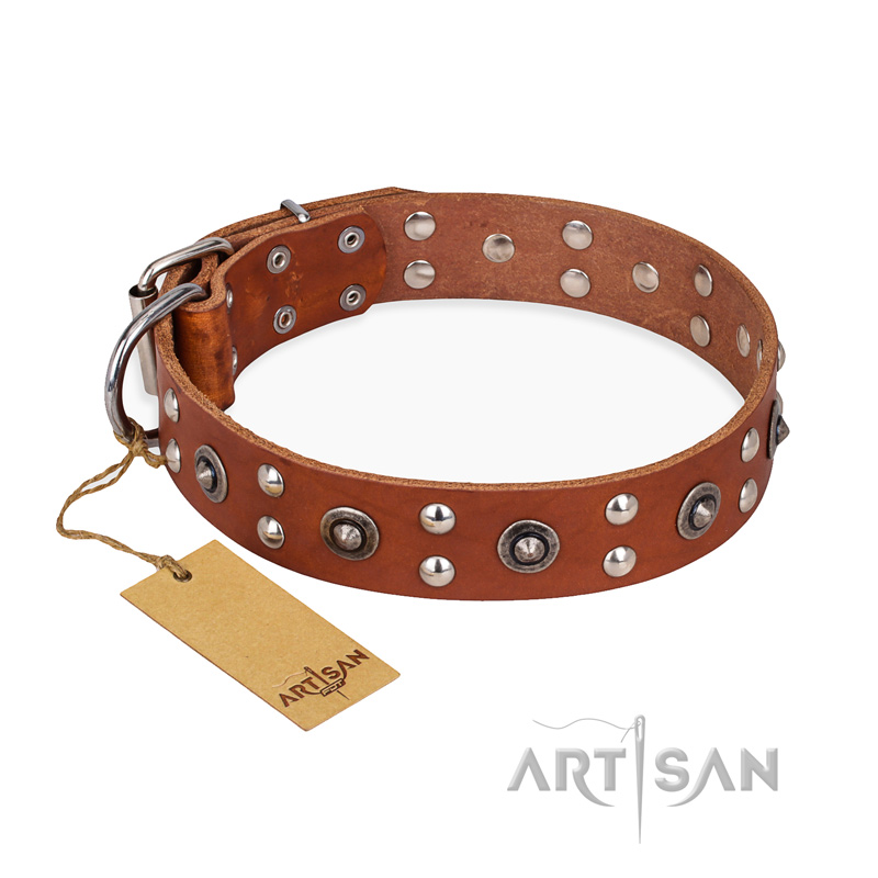 "Silver Elegance" FDT Artisan Decorated Leather Golden Retriever Collar with Old Silver-Like Plated Studs and Cones