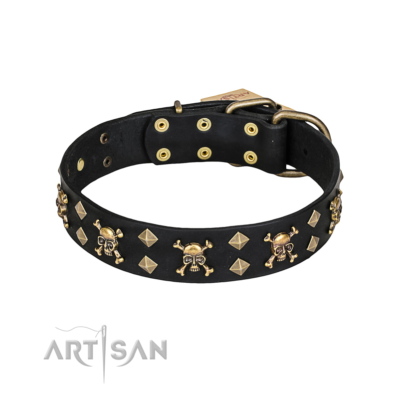 "Jolly Rojer" FDT Artisan Leather Golden Retriever Collar with Pirate Skulls and Studs - 1 1/2 inch (40 mm) wide