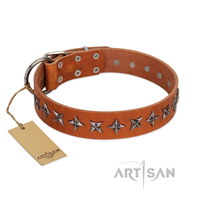 "Star Trek" FDT Artisan Tan Leather Golden Retriever Collar Decorated with Stars