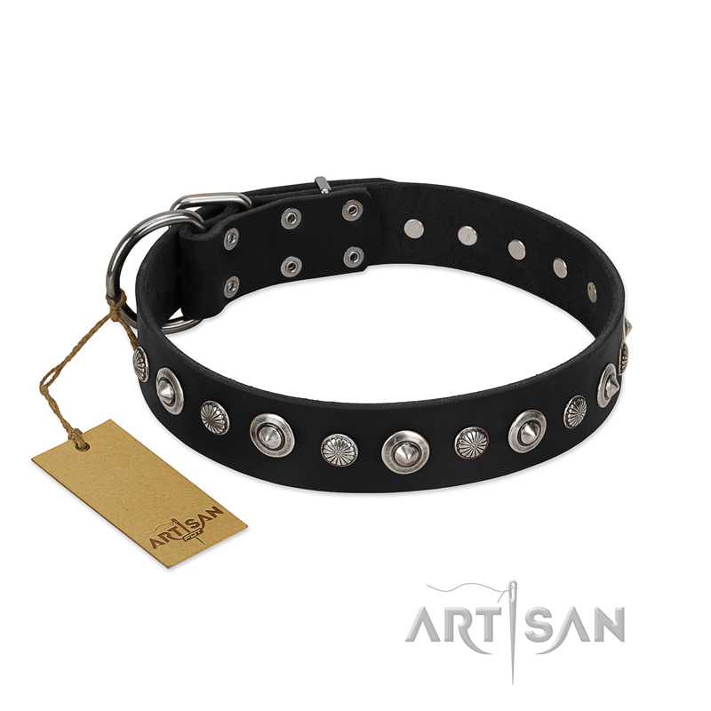 "Genteel Charm" FDT Artisan Black Leather Golden Retriever Collar with Silver-like Round Conchos