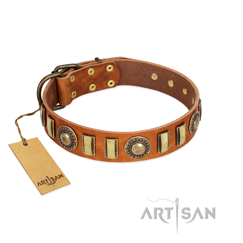 "Happy Hound" FDT Artisan Tan Leather Golden Retriever Collar with Elegant Decorations