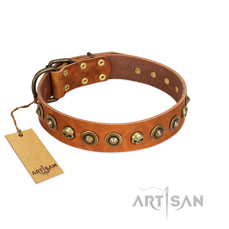 "Prez of the Pack" FDT Artisan Tan Leather Golden Retriever Collar with Skulls and Brooches