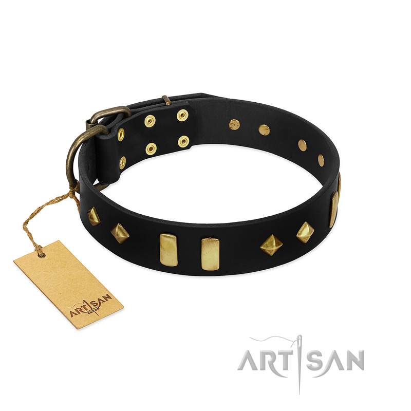 "De Luxe" FDT Artisan Black Leather Golden Retriever Collar with Old Bronze-like Plates and Studs