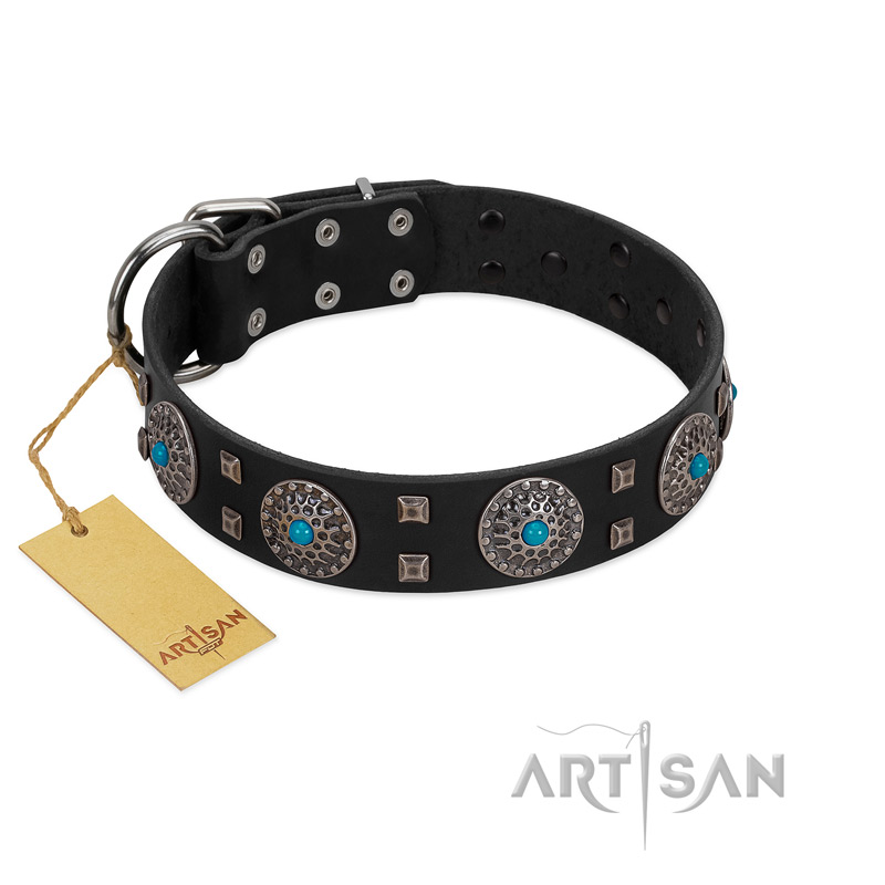 "Boundless Blue" FDT Artisan Black Leather Golden Retriever Collar with Chrome Plated Brooches and Square Studs