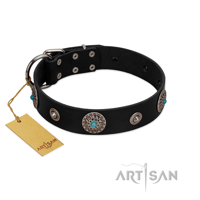 "Blue Gems" FDT Artisan Black Leather Golden Retriever Collar with Chrome Plated Studs and Conchos