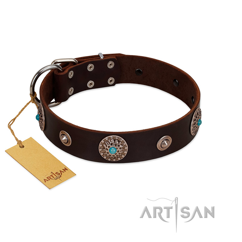 "Magic Stones" FDT Artisan Brown Leather Golden Retriever Collar with Chrome Plated Brooches and Studs