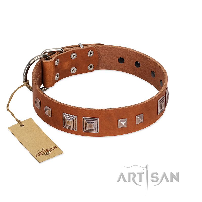 "Egyptian Gifts" Handmade FDT Artisan Tan Leather Golden Retriever Collar with Chrome-plated Pyramids